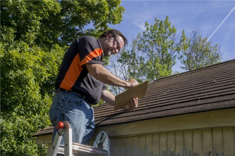 Worker inspecting roof